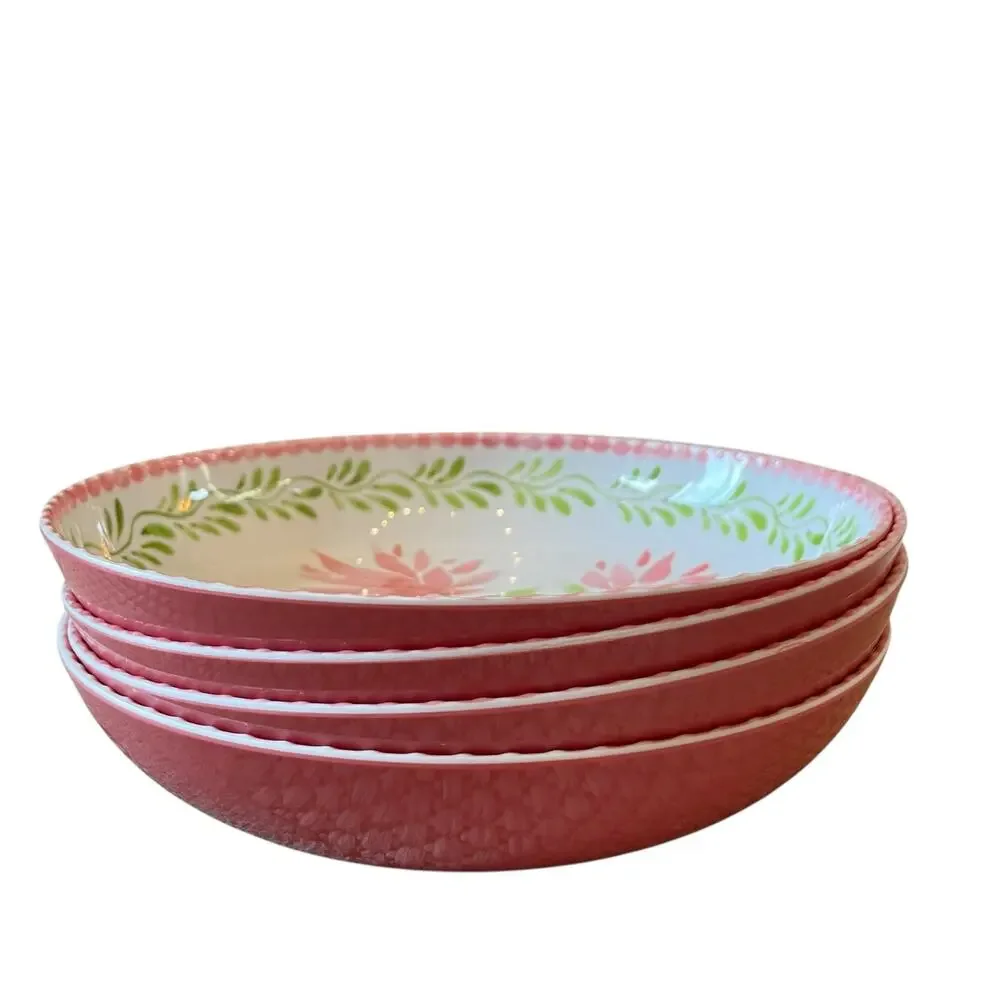 Soho Loft Floral Melamine Bowls 9in Round Pink & Green Set of 4 New